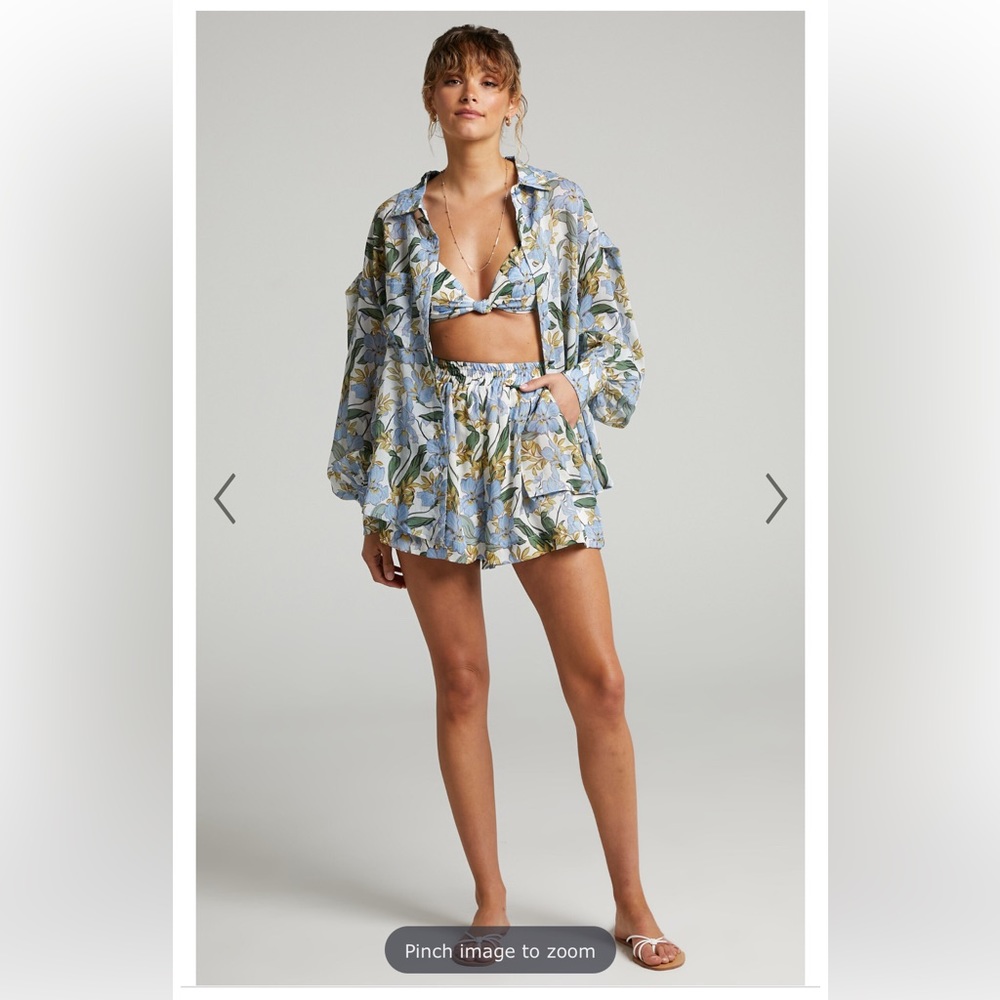 Showpo Blue Floral Button-Up Shirt shorts and bralette - Picture 7 of 10